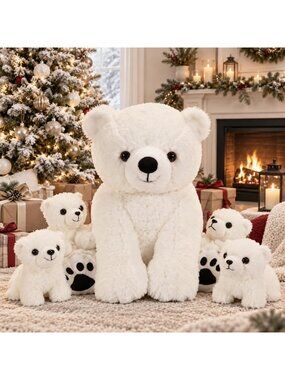 5-Piece Christmas Polar Bear Stuffed Animal Set with Baby Bears - Holiday Decor